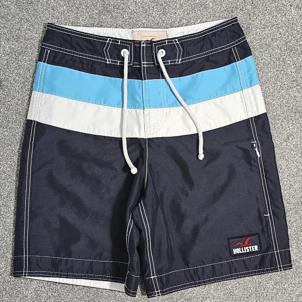 HOLLISTER blue/white SWIM SHORTS hook & loop closure POCKETS tie
